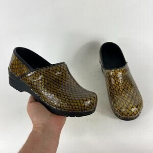 Sanita Clogs Women's 6.5 Gold Black Snakeskin Block Heel Slip On Comfort Shoes